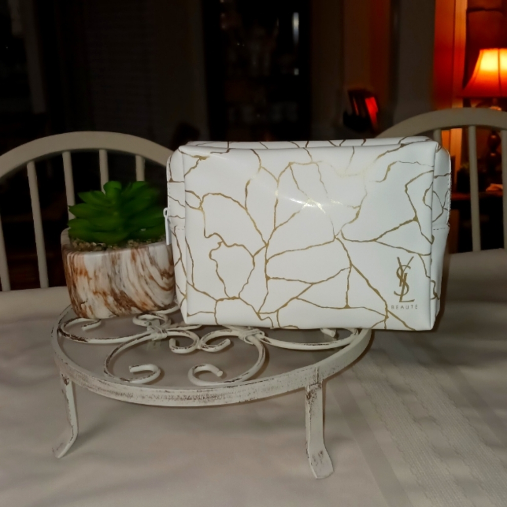 Yves Saint Laurent White and Gold Decorative Cosmetic Beauty Bag